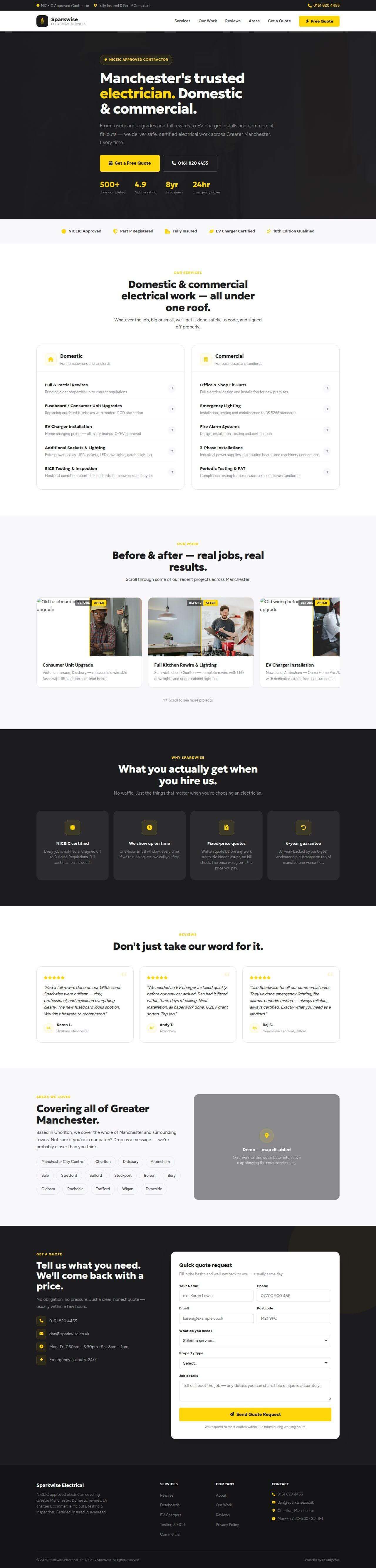Electrician website design example — Sparkwise Electrical, Manchester